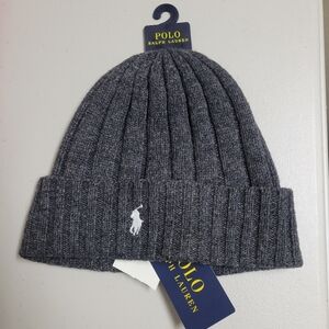 NWT polo Ralph Lauren Beanie Wool Blend Rib Kint Cuff Pony Logo Dark Grey.